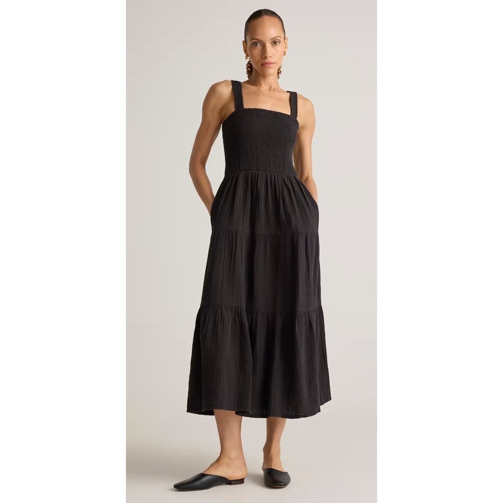 Quince Organic Cotton Gauze Smocked Maxi Dress Black Small